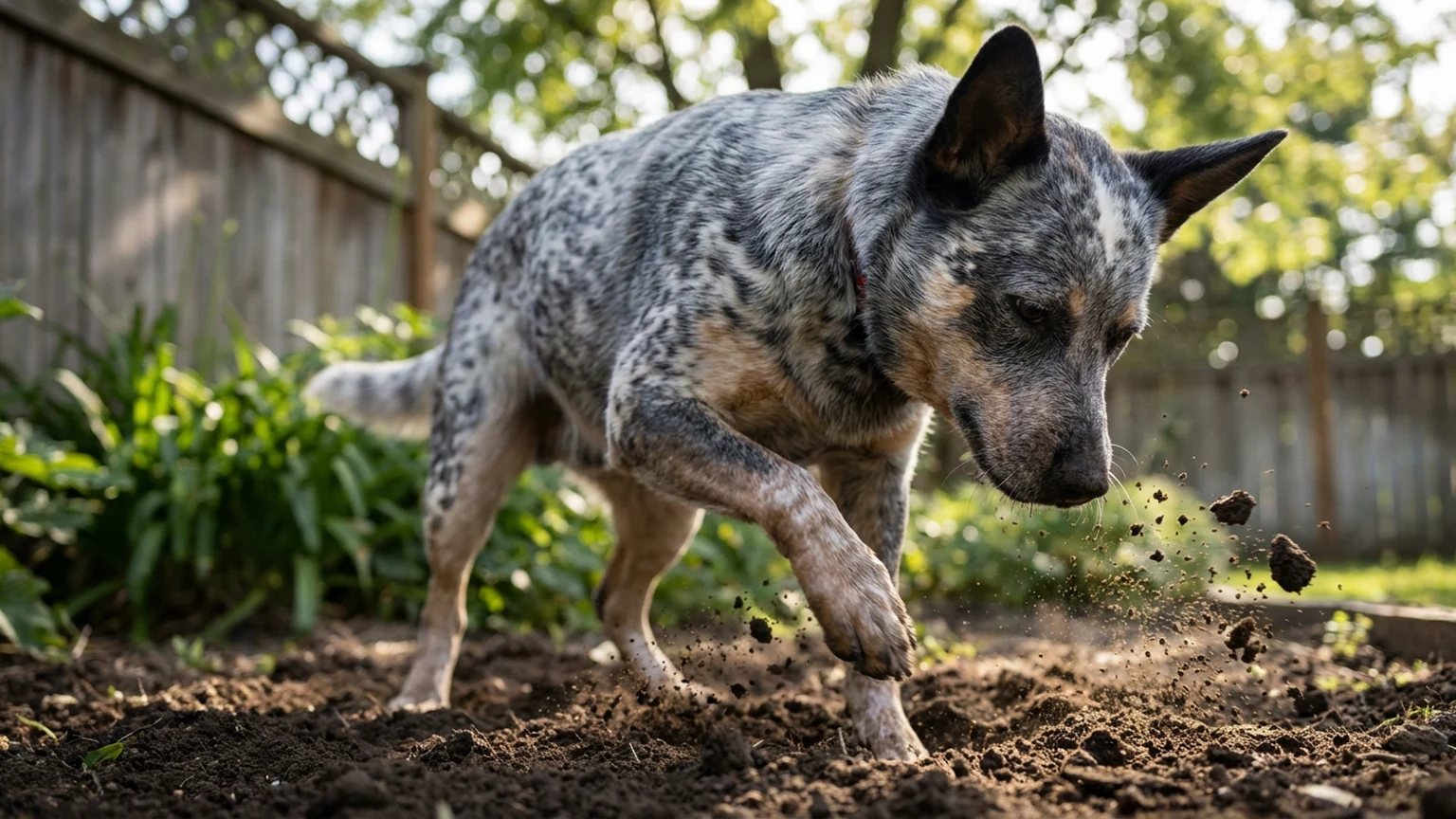 Small terrier digging a hole in garden soil