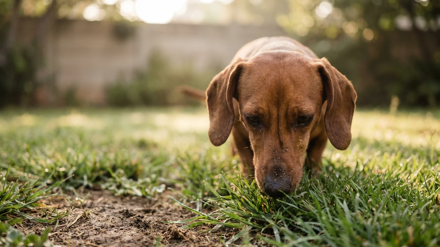 Beagle puppy sniffing the grass in a backyard