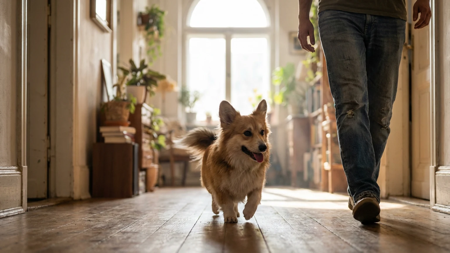 Fluffy small dog following its owner through a living room