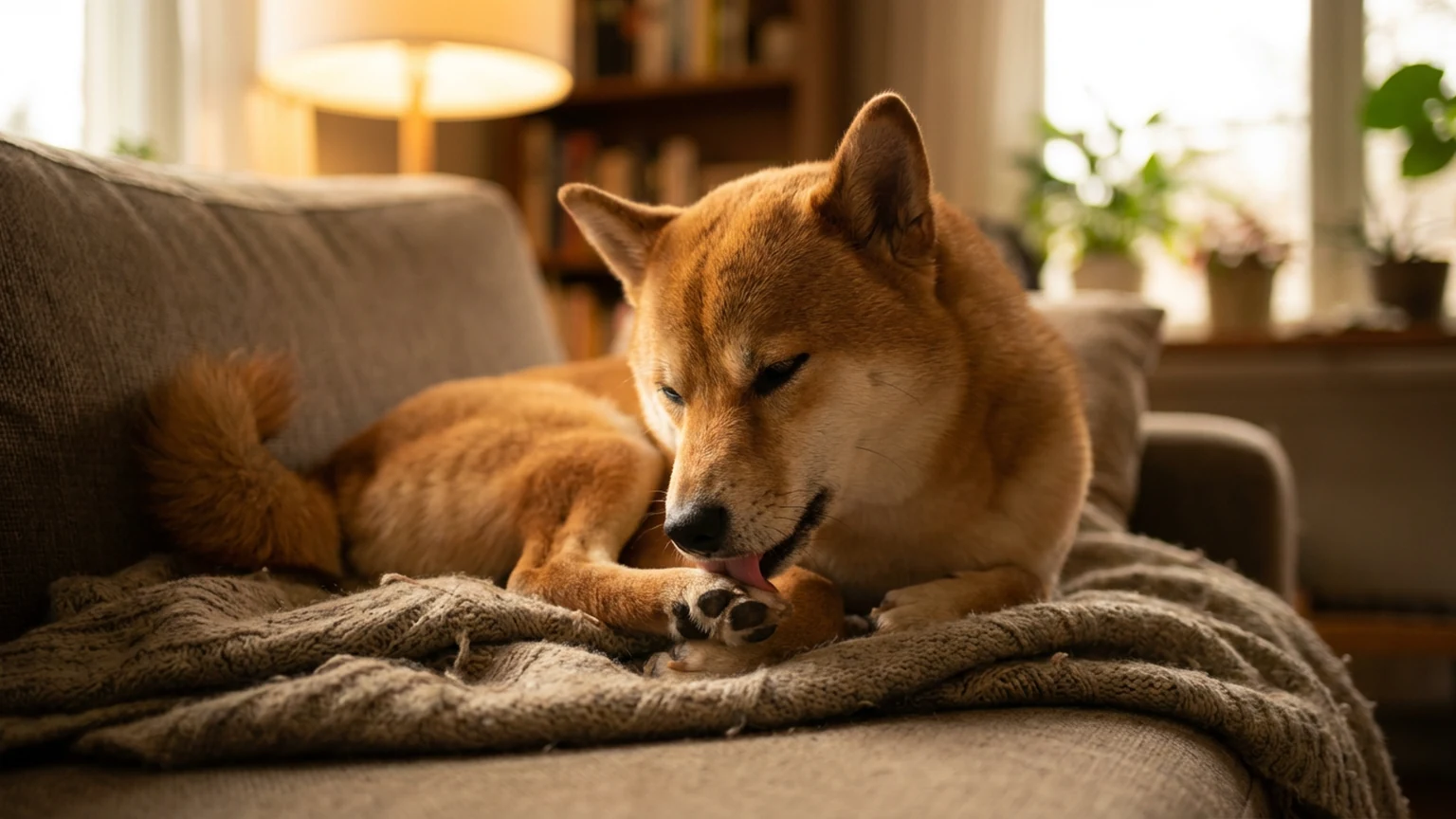 Golden retriever lying on a soft rug licking its front paw